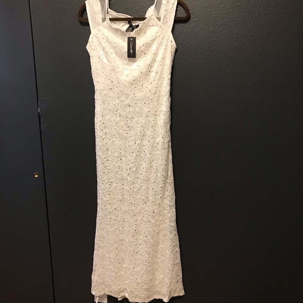 White Beaded Lace Evening Gown